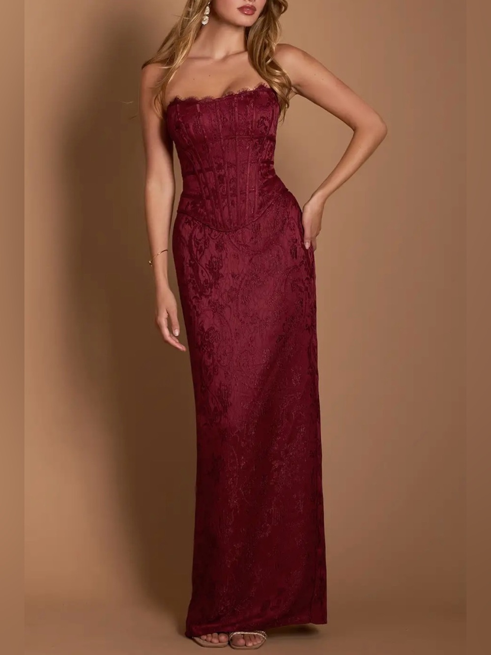 Strapless Burgundy Lace Evening Gown